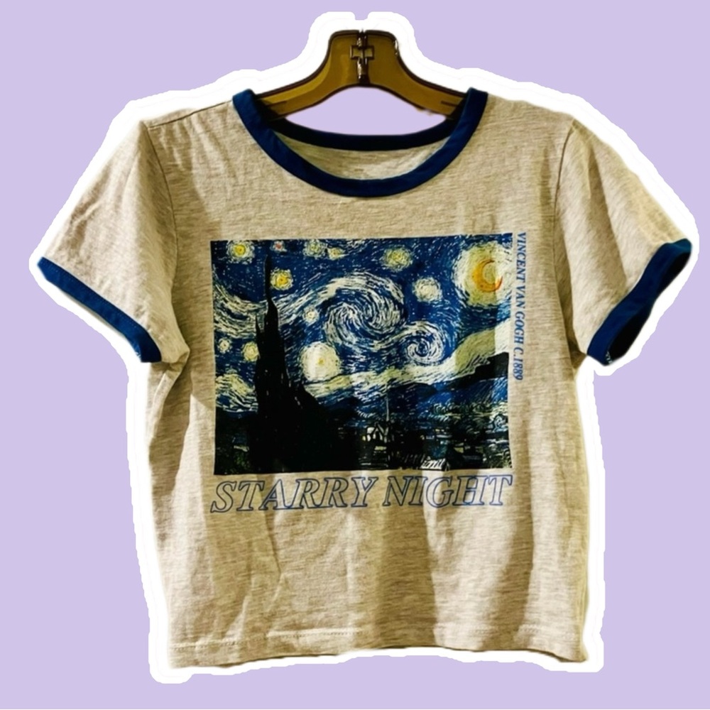 Van Gogh Starry Night Cropped T-Shirt with Blue Trim